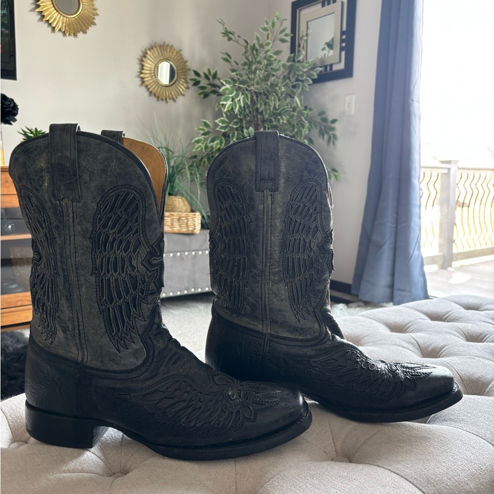Men's Black and Gray Leather Western Boots with Cross and Wing Embroidery